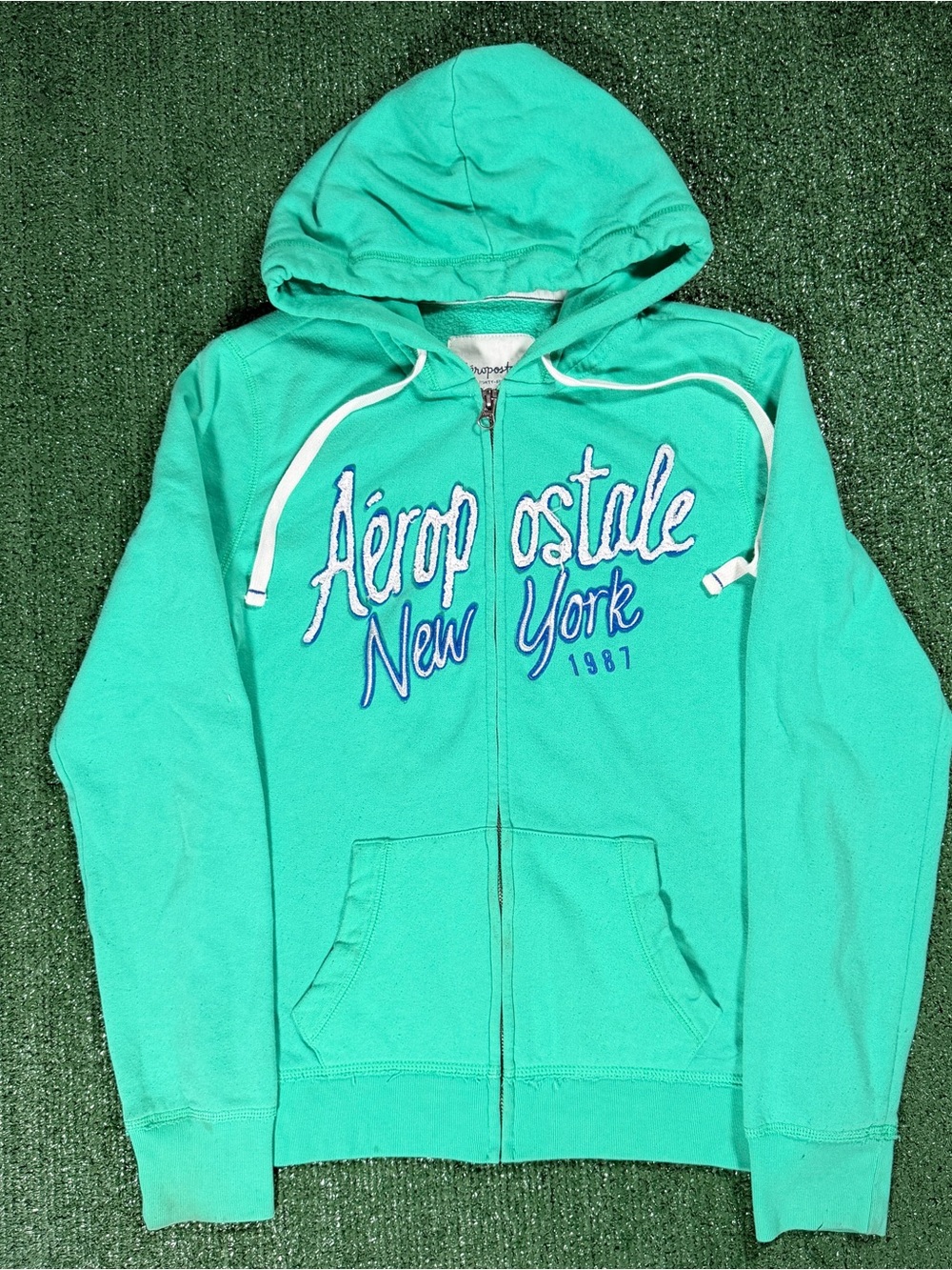 Y2K Womens Aeropostale Full Zip Hoodie Teal Green Embroidered Logo Medium